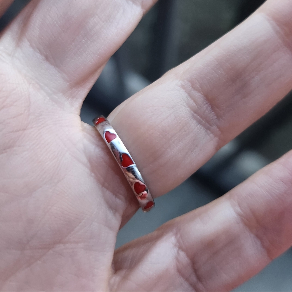 Handmade Sterling Silver 925 Red Enamel Infinity Hearts Band Ring Sz 6 - Picture 3 of 6